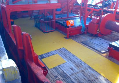 Non-slip safety walkway covers on vessels deck.