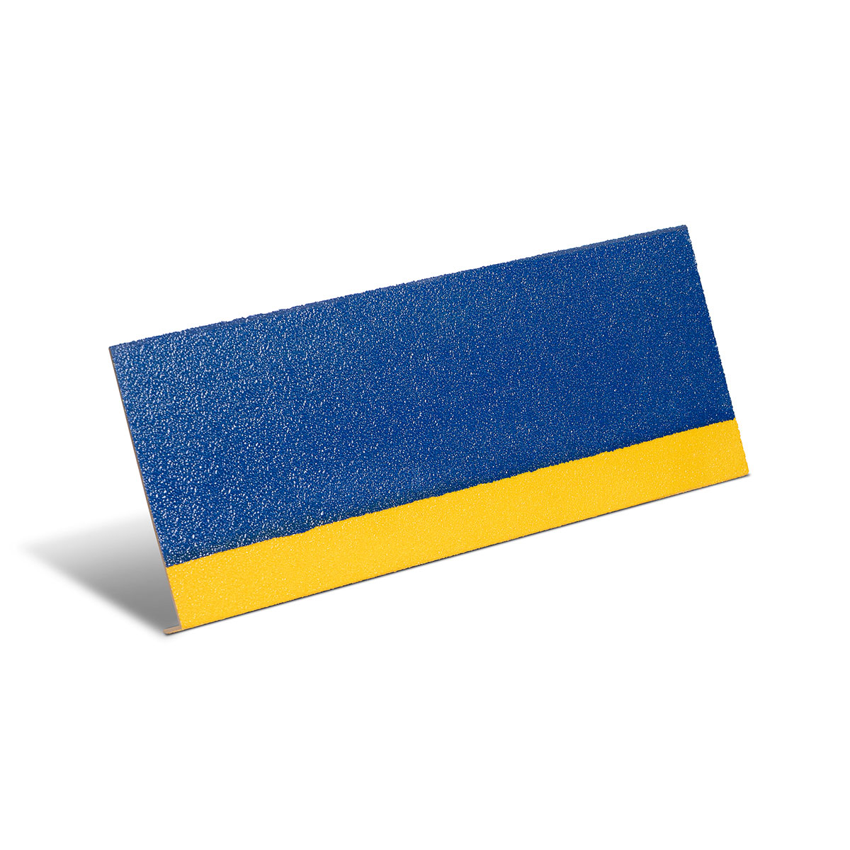 Anti-slip step cover in blue with yellow edge for high-visibility stair safety.