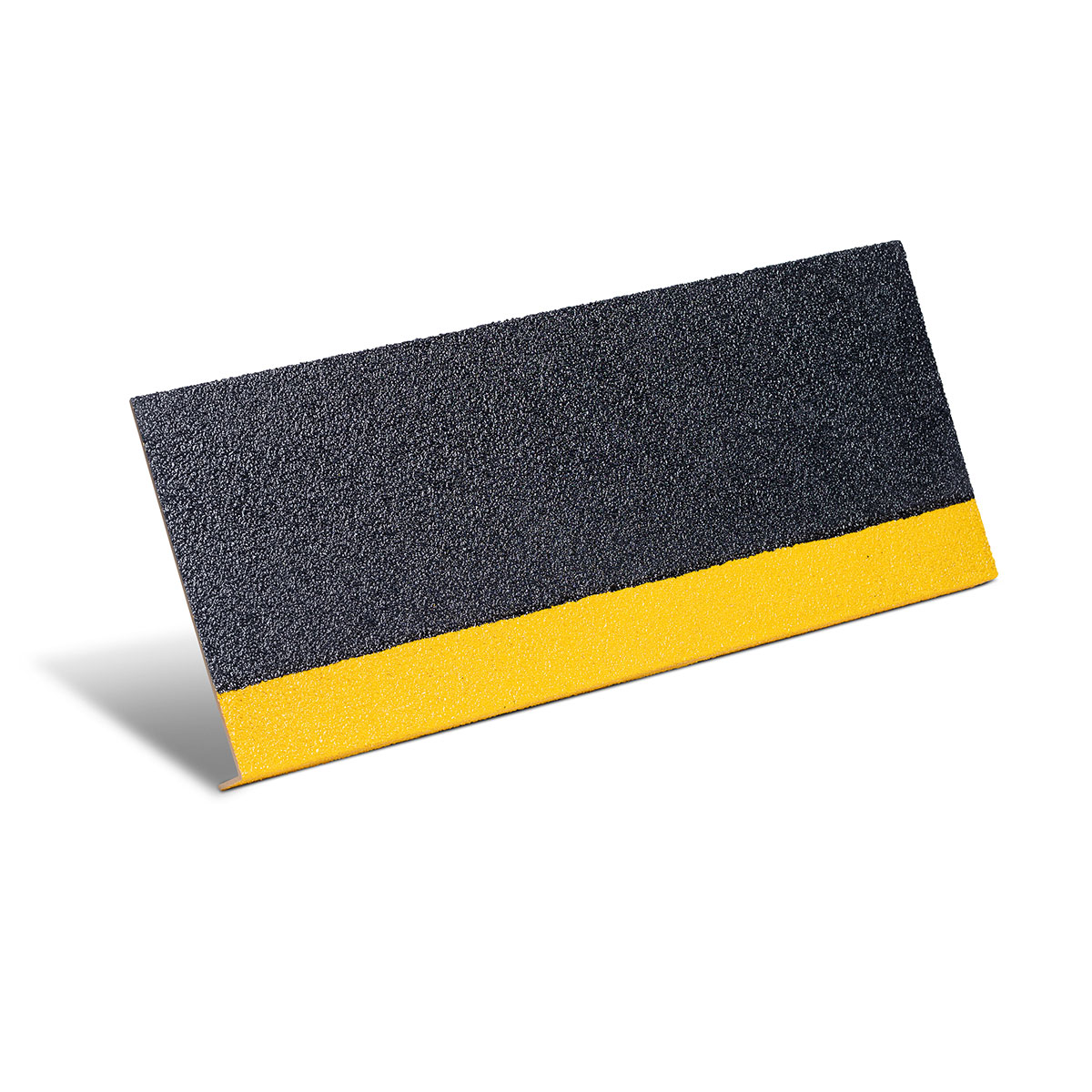 Black anti-slip step cover with yellow safety edge for improved stair visibility, grip and slip resistance.